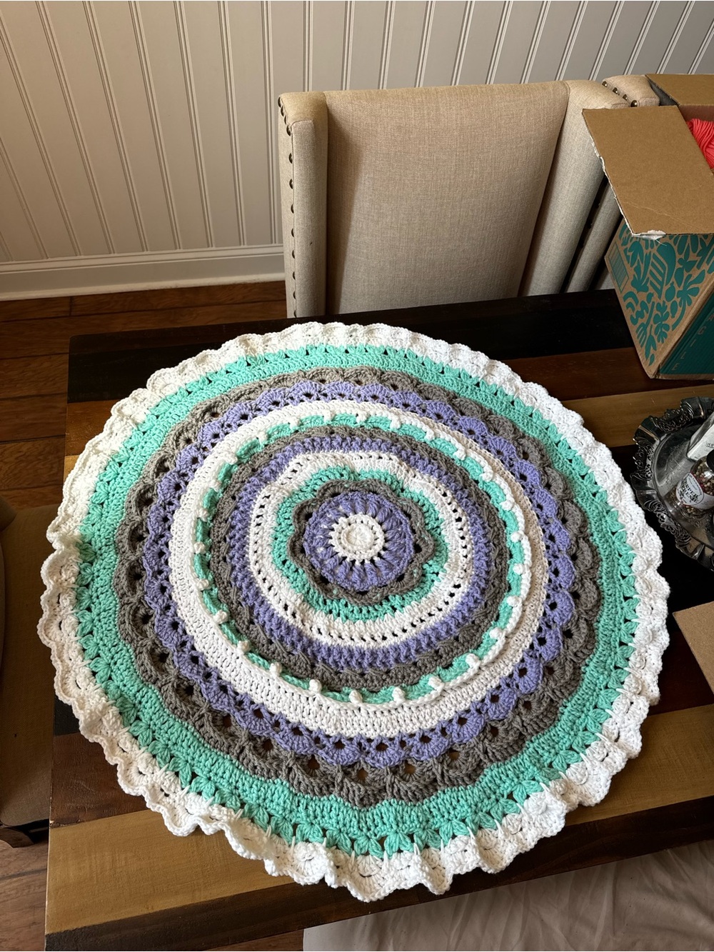 Handmade Round Crochet mandala- Mint, Lavender, Gray & White